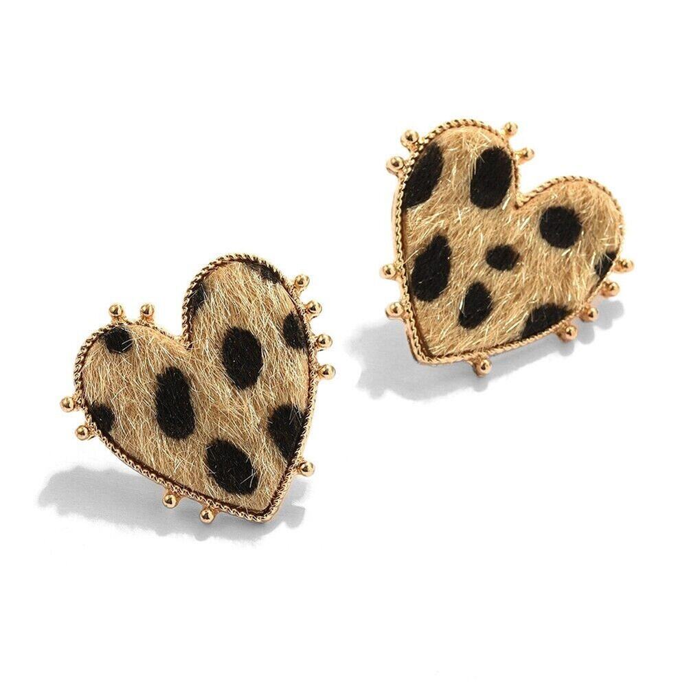 Gold Tone Texture Fur Animal Print Heart‎ Earrings Stud Boho Artsy Leopard